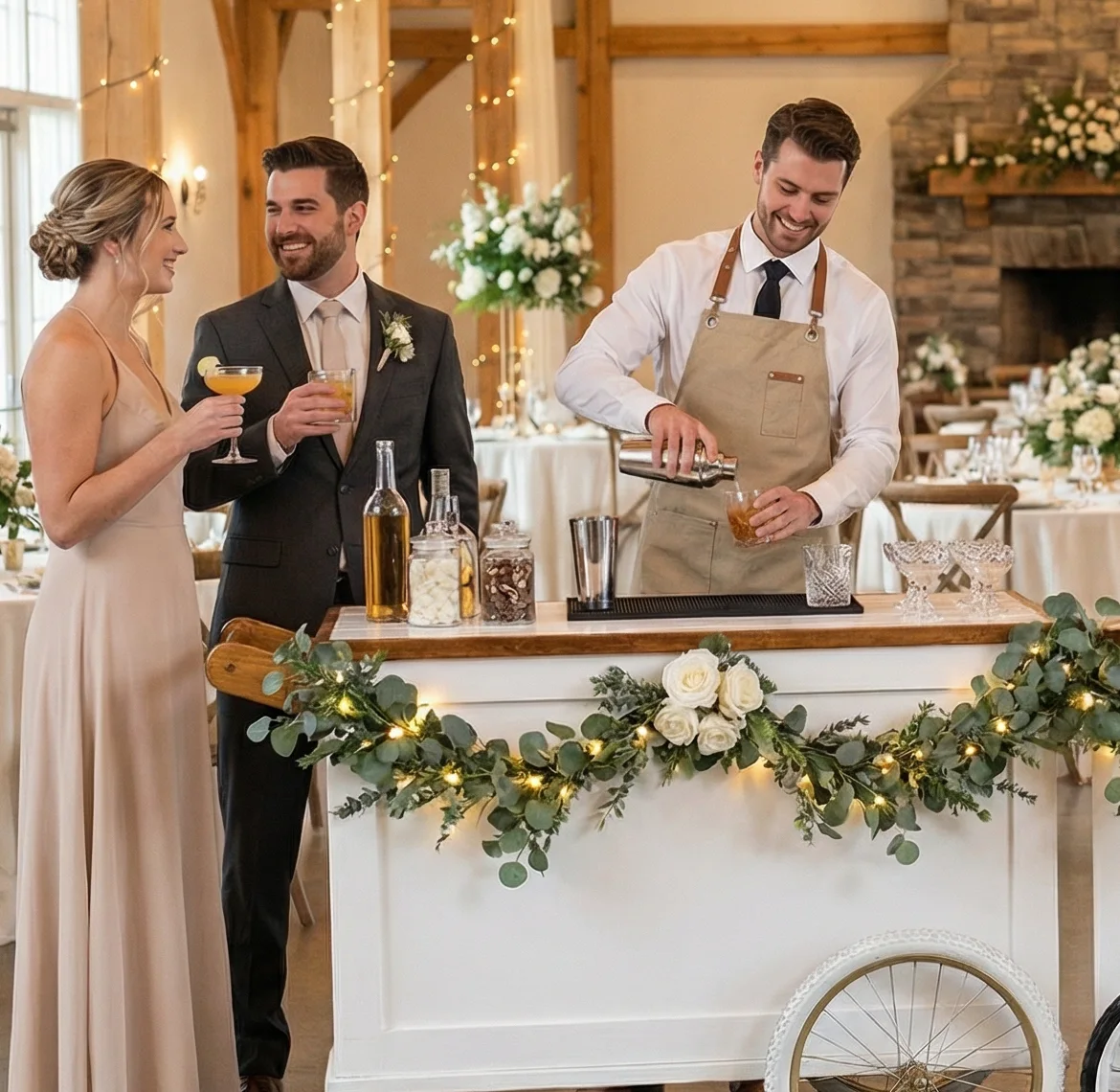 A bartender pouring a cocktail at the white Steel Pony bar cart at a wedding