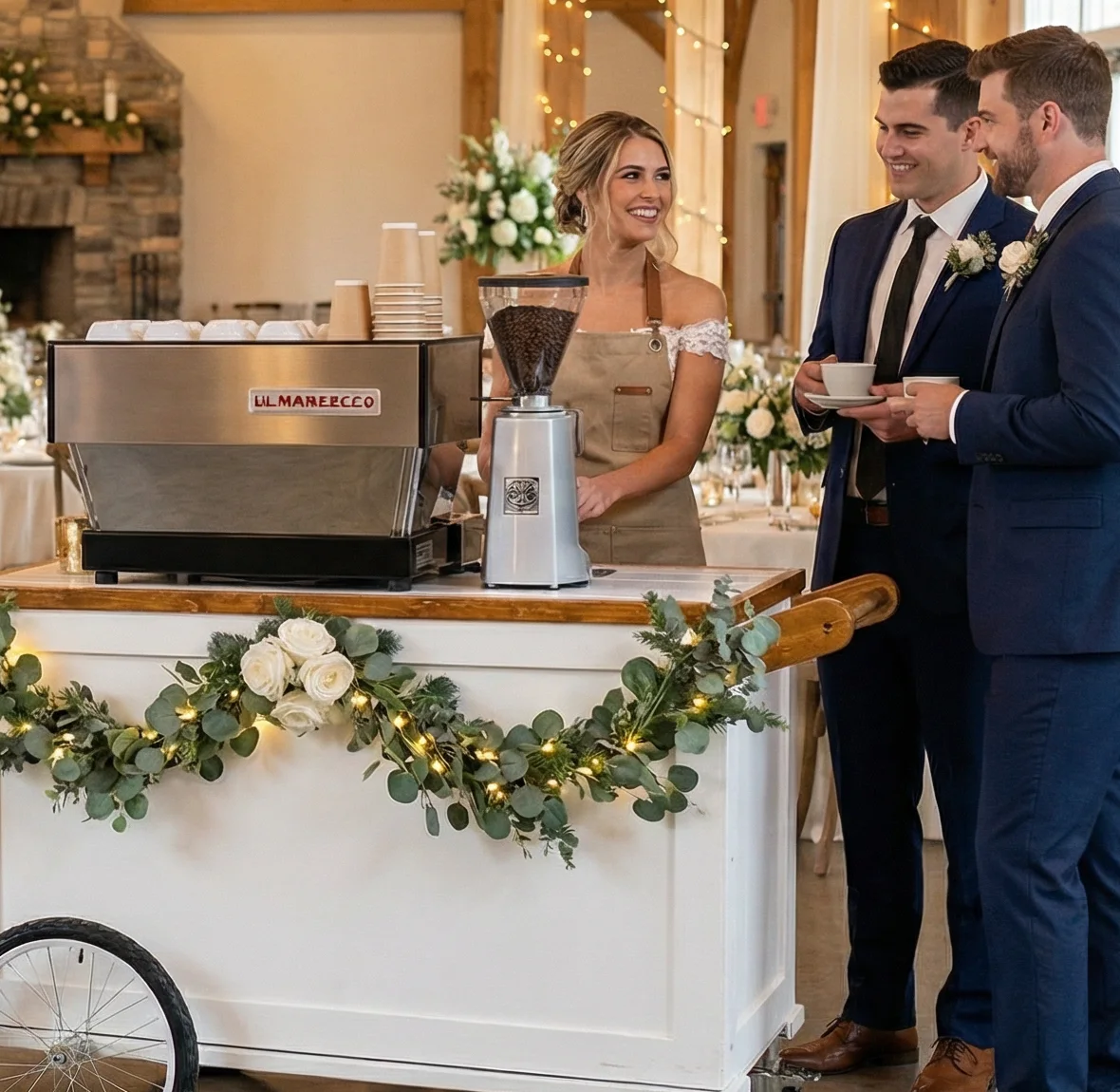 The white Steel Pony espresso cart with its espresso machine and grinder, serving guests at a wedding