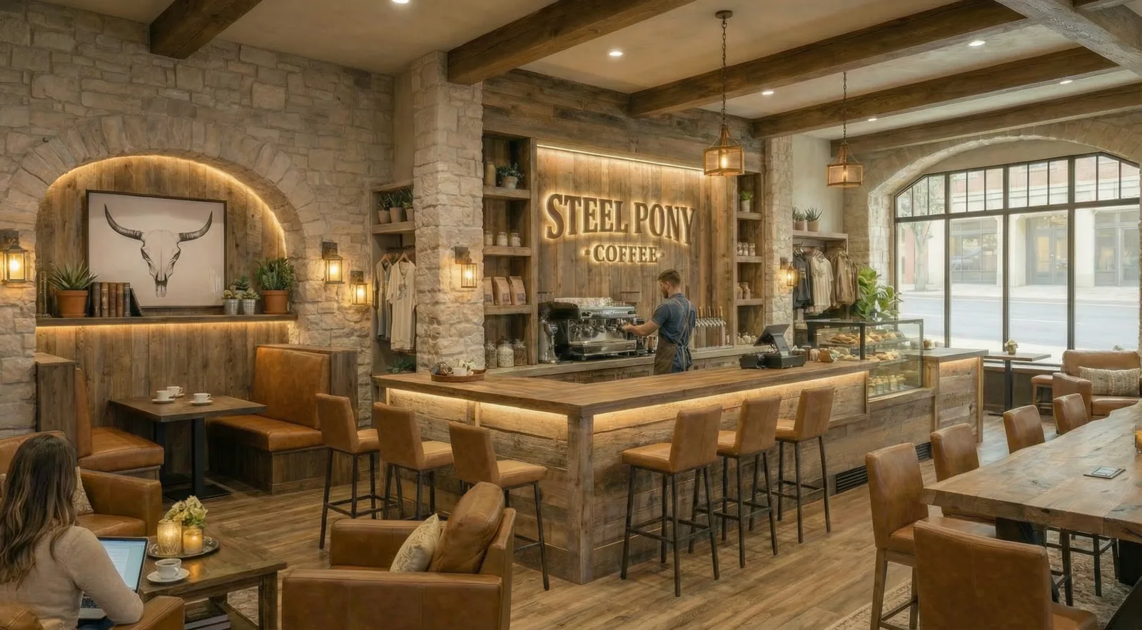 Concept rendering of a Steel Pony Coffee brick-and-mortar cafe: stone walls, a reclaimed-wood espresso bar, leather seating and a backlit Steel Pony Coffee sign