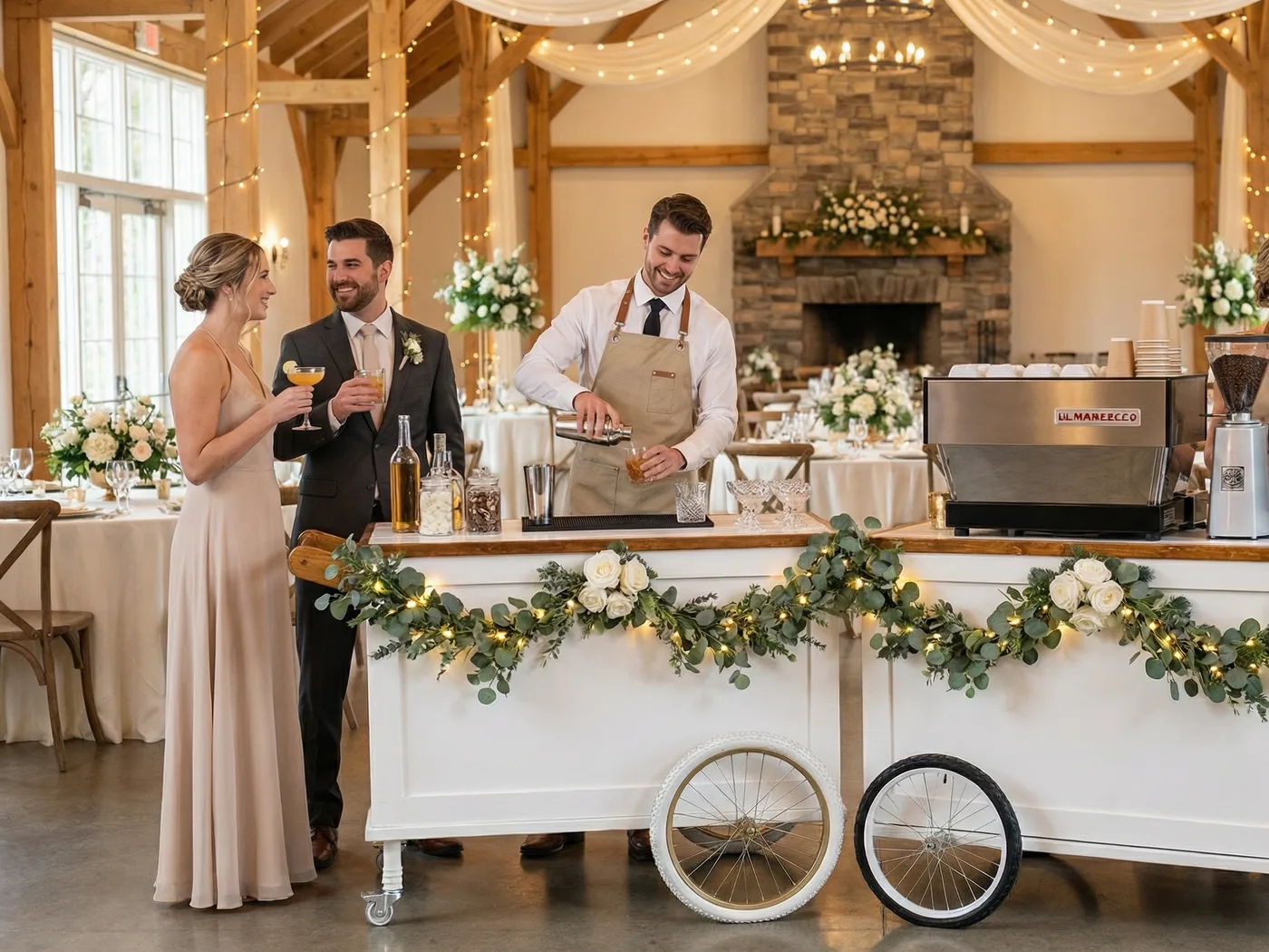 Wedding guests toasting cocktails at the Steel Pony white bar cart in a barn venue