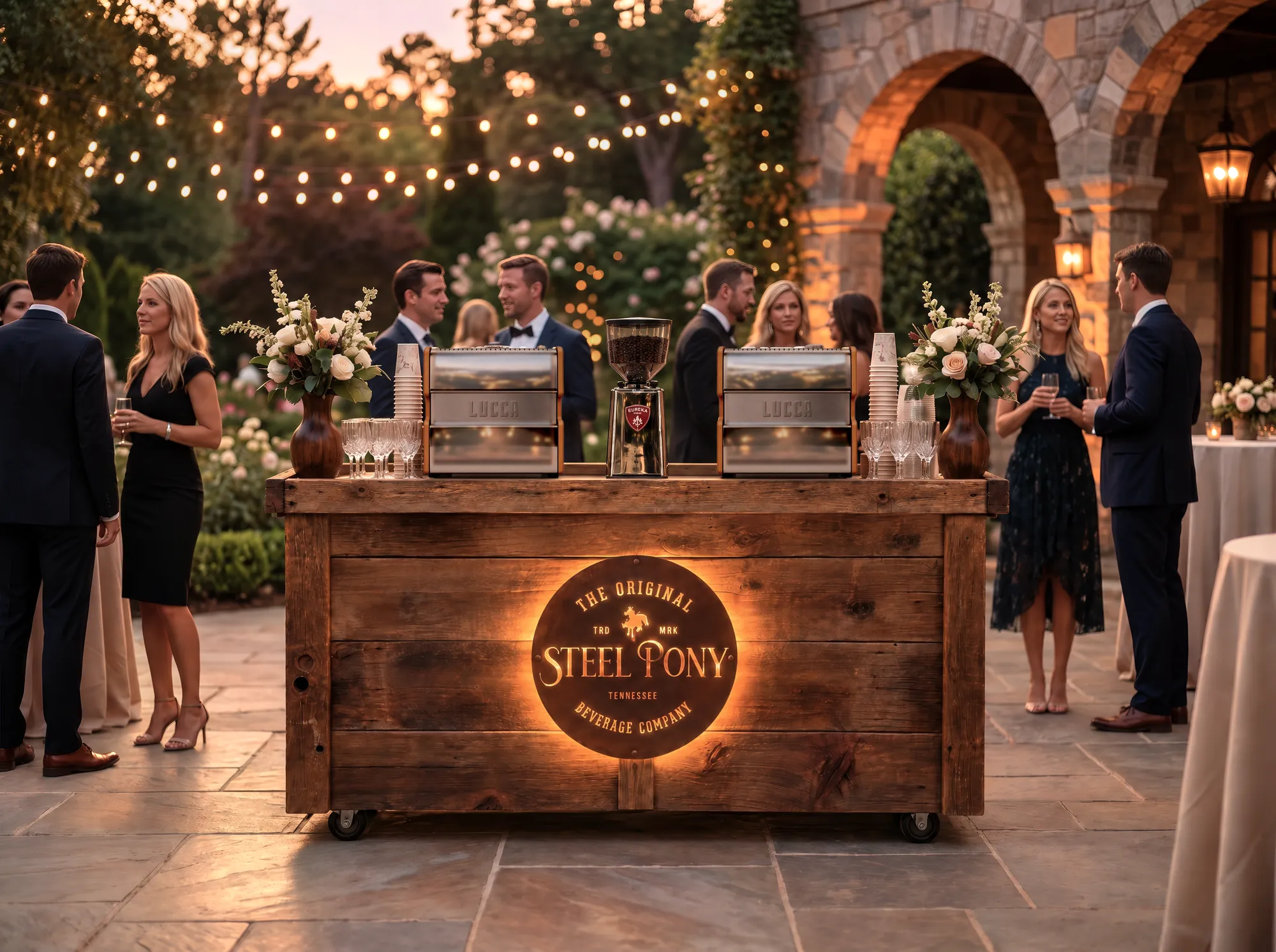 The rustic barnwood bar cart with a glowing Steel Pony sign and two espresso machines in a stone garden courtyard