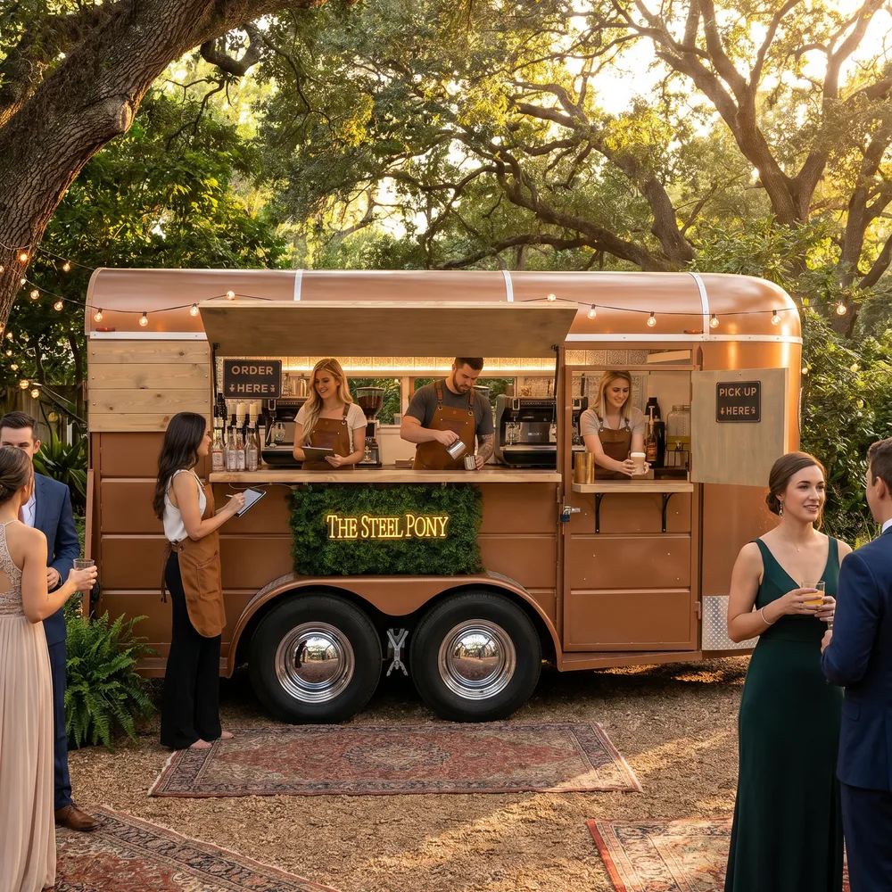 The full vintage Steel Pony copper horse-trailer bar serving guests under oak trees and string lights at golden hour
