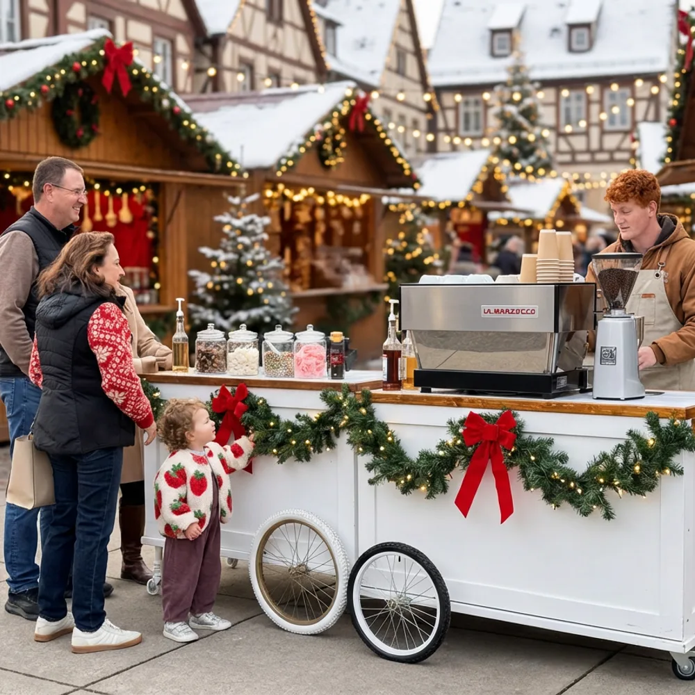 The White bar cart serving espresso to a family at a snowy holiday market