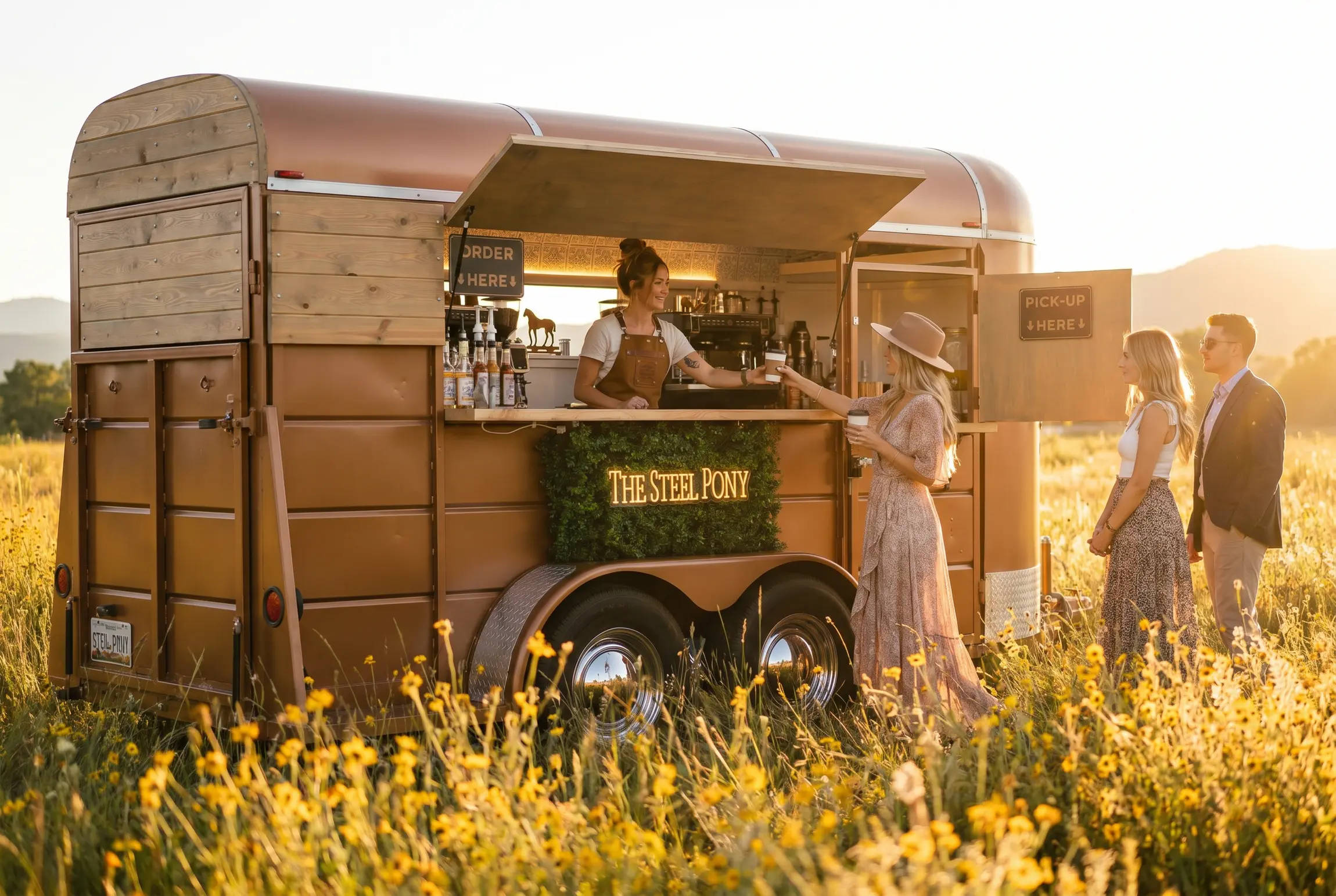 A vintage Steel Pony horse-trailer bar serving guests in a wildflower field at golden hour