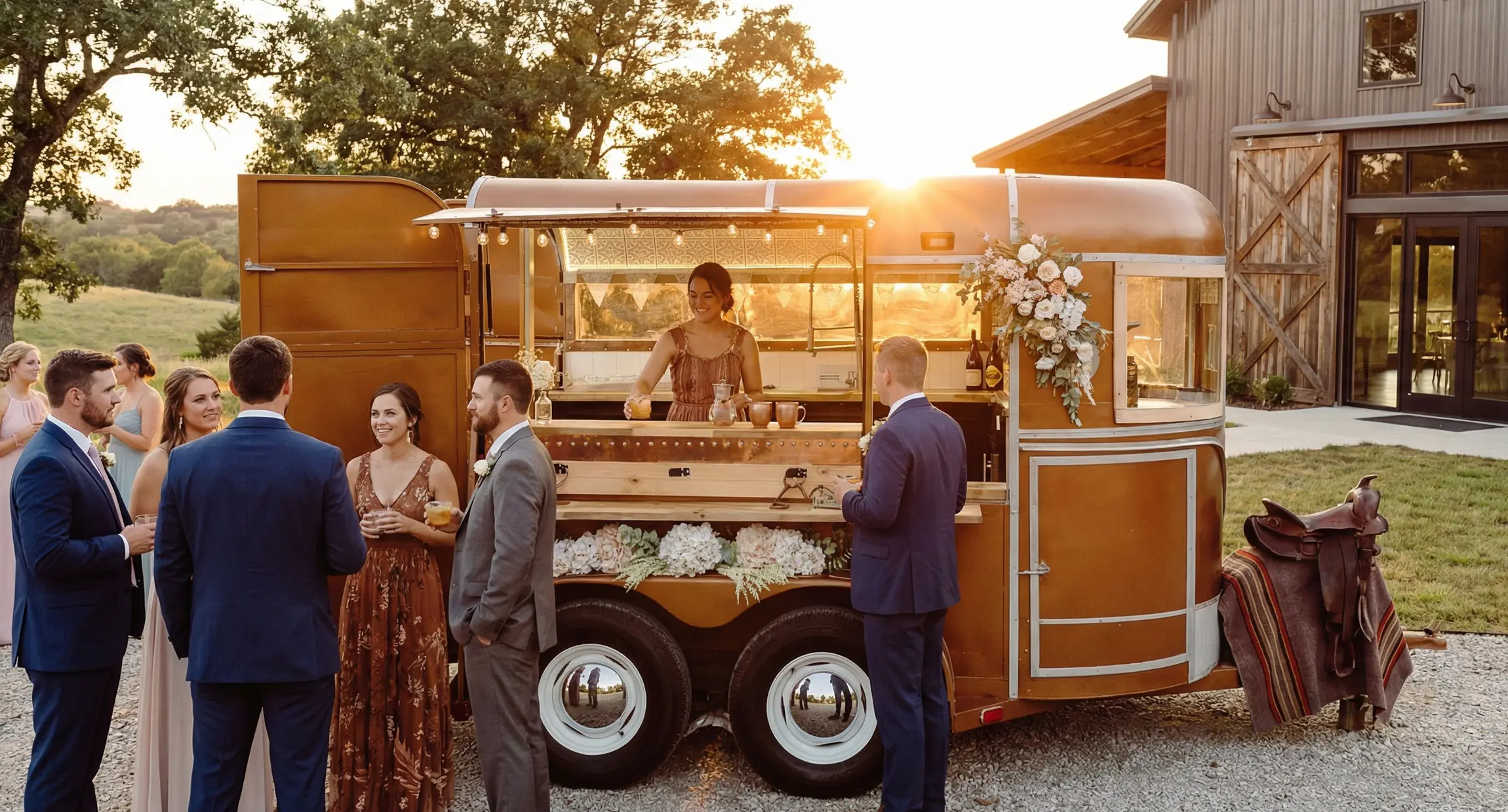 The Steel Pony horse trailer bar at golden hour with a bride and wedding guests gathered for drinks