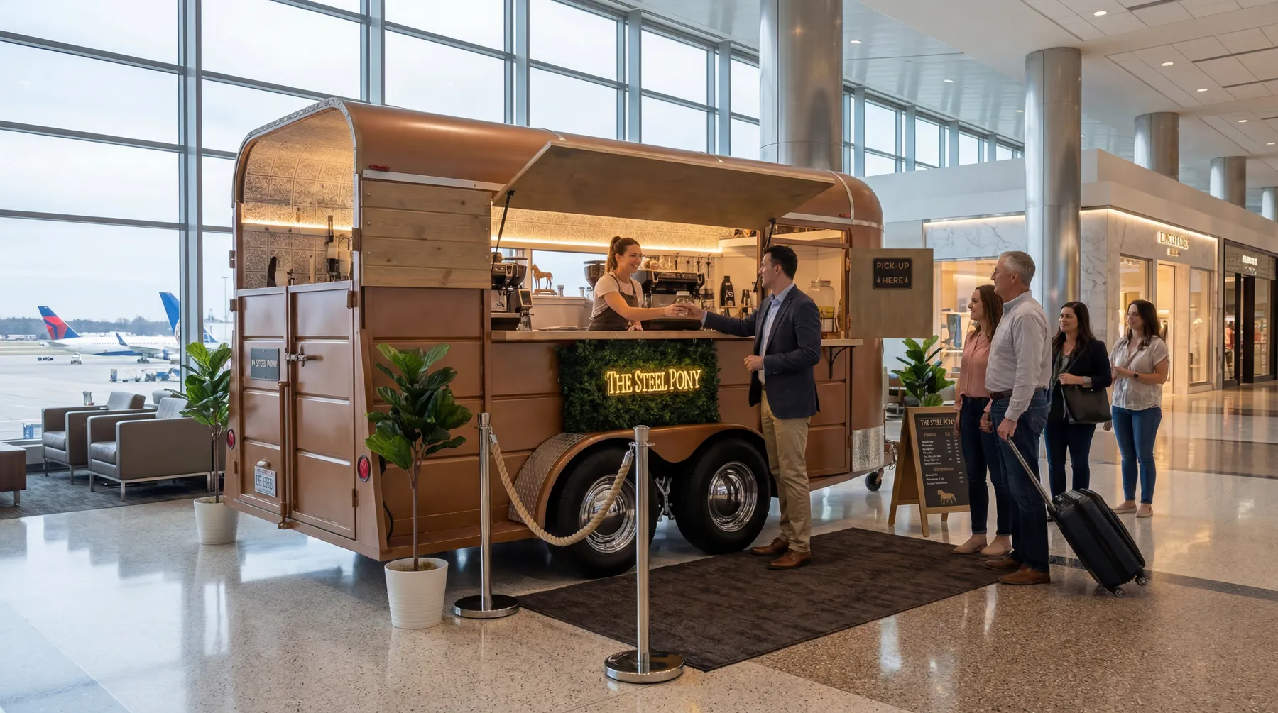 A vintage Steel Pony horse-trailer cafe set up inside an airport terminal, travelers lining up as a barista serves at the window