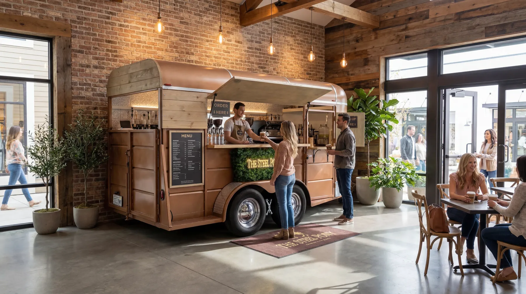 A vintage Steel Pony horse-trailer cafe set up indoors in a brick-and-timber space, a barista serving guests at the window