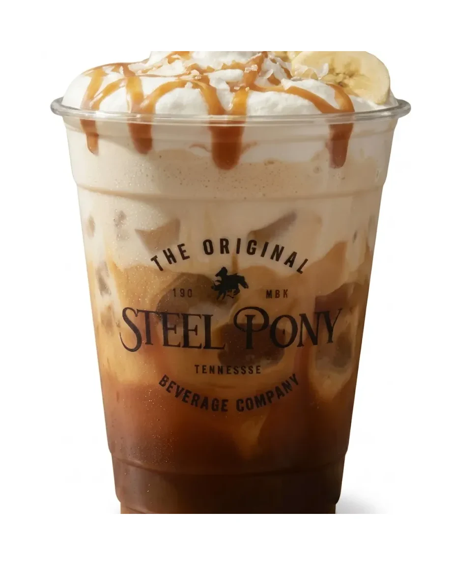 A Steel Pony Bananas Foster shaken espresso with caramel drizzle and banana
