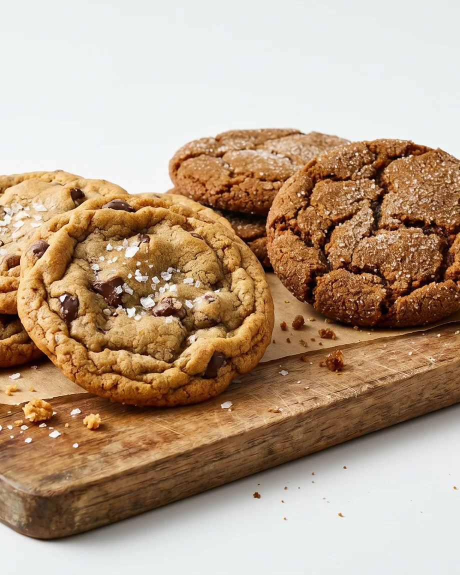 Fresh-baked salted chocolate chip and molasses cookies on a board