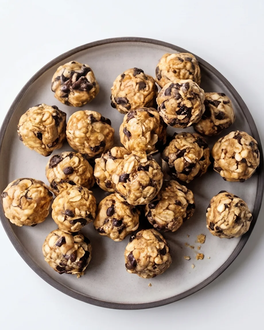 Powerballs made with oats, nut butter, honey and chocolate chips