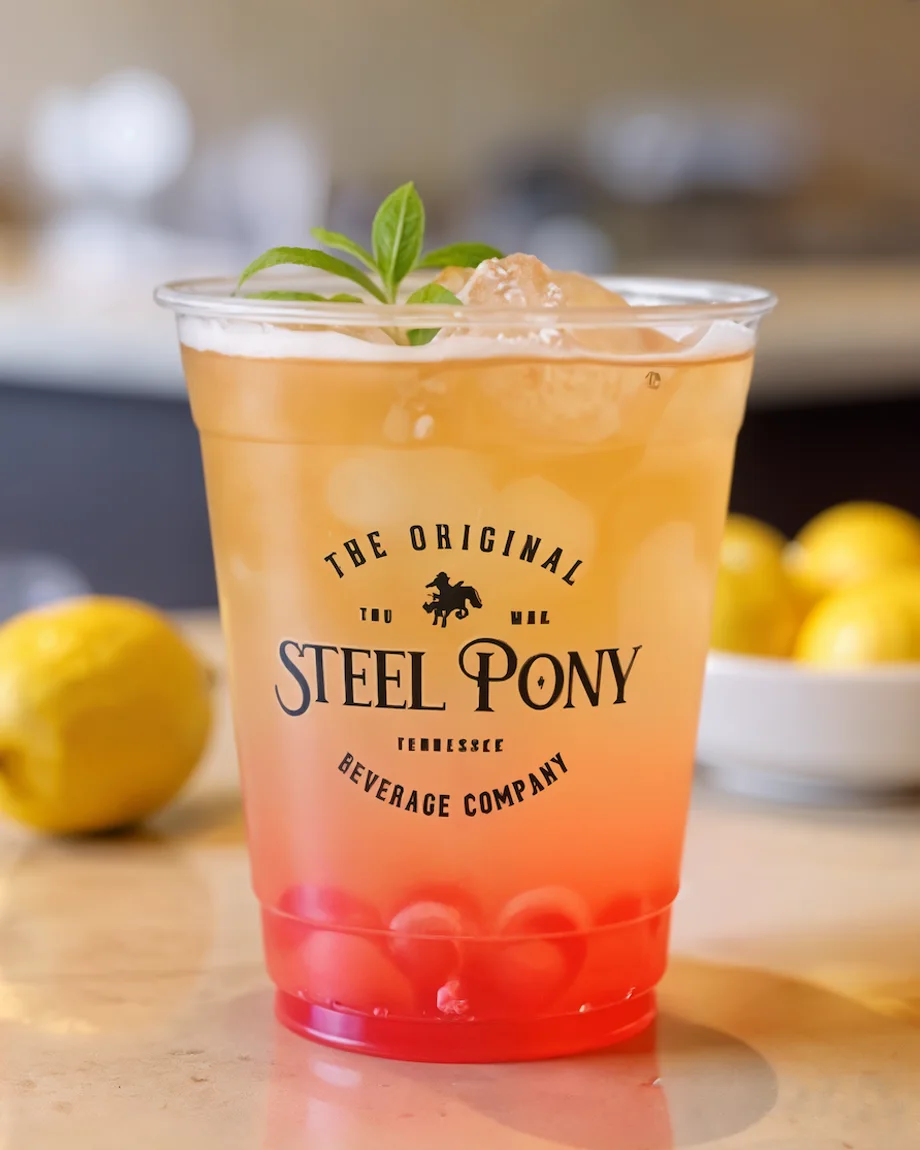 A Steel Pony infused lemonade refresher over ice with a mint sprig