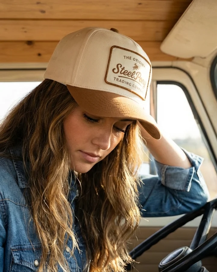 A woman in a vintage truck wearing a tan Steel Pony hat