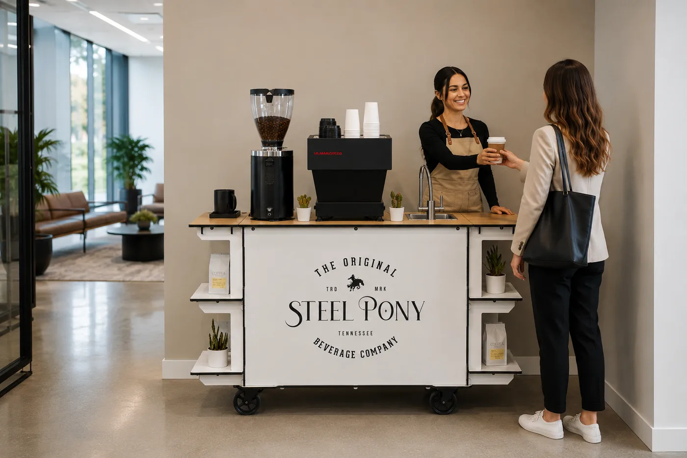 A Steel Pony barista and hand-built cart set up in an office lobby