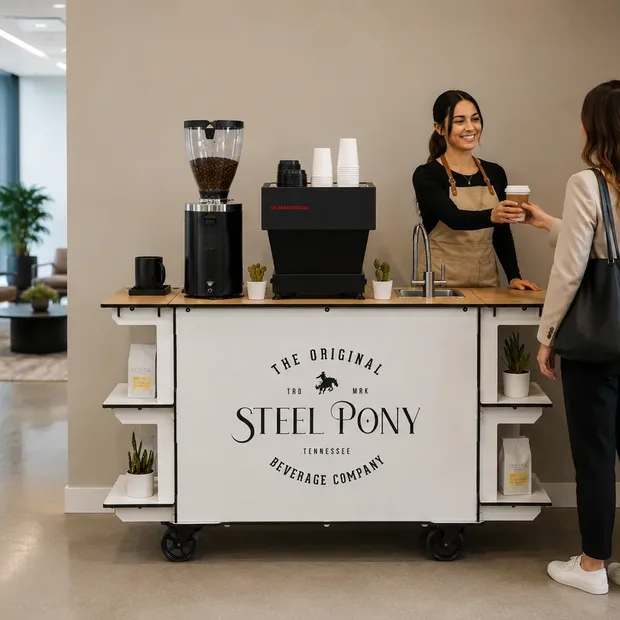 A Steel Pony barista and hand-built cart set up in an office lobby