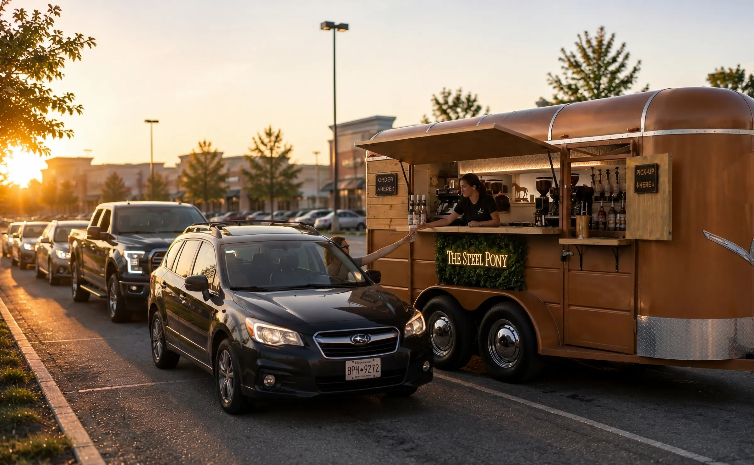 A Steel Pony coffee trailer parked and serving on a business property at golden hour