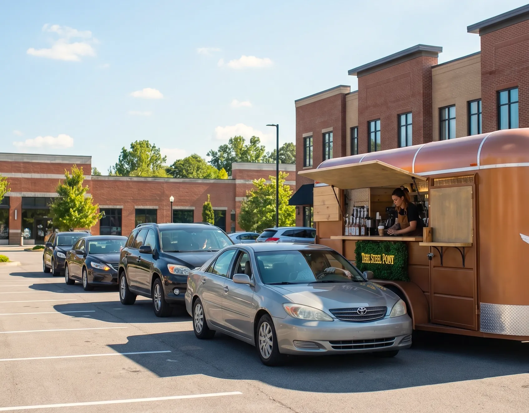 A Steel Pony coffee trailer serving a line of cars at a retail-center parking lot