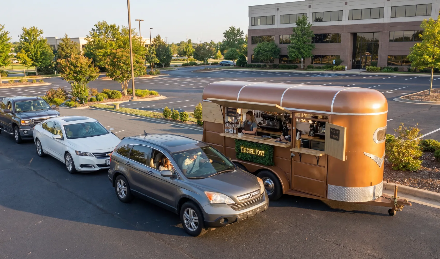 The full Steel Pony vintage horse-trailer bar out serving at a business park