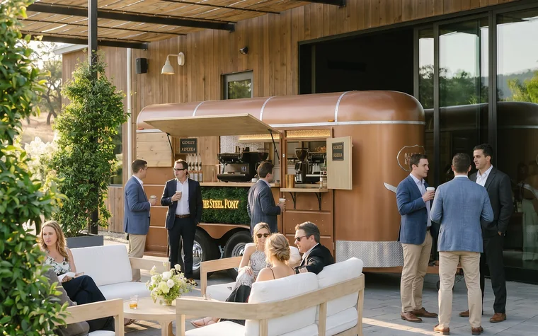Guests gathered at the Steel Pony trailer bar at a corporate event