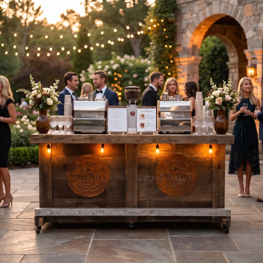 The rustic Barnwood bar cart with Steel Pony branding at an event