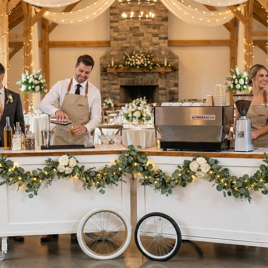 The white Steel Pony bar cart styled with florals at a wedding venue