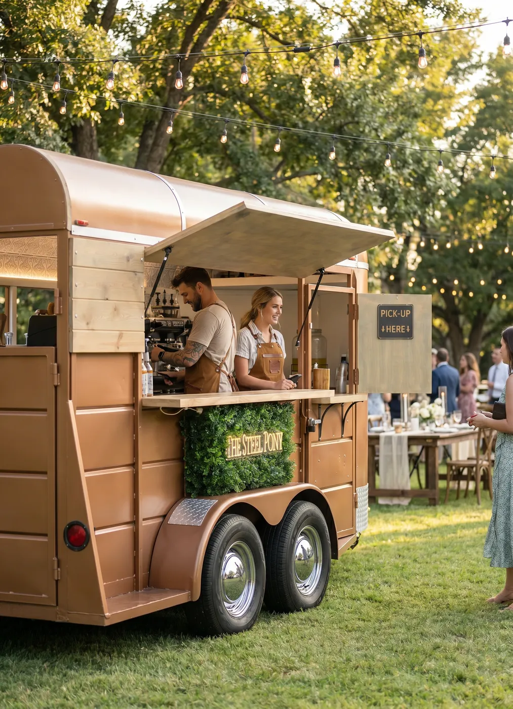 Baristas smiling at the trailer window at a garden reception