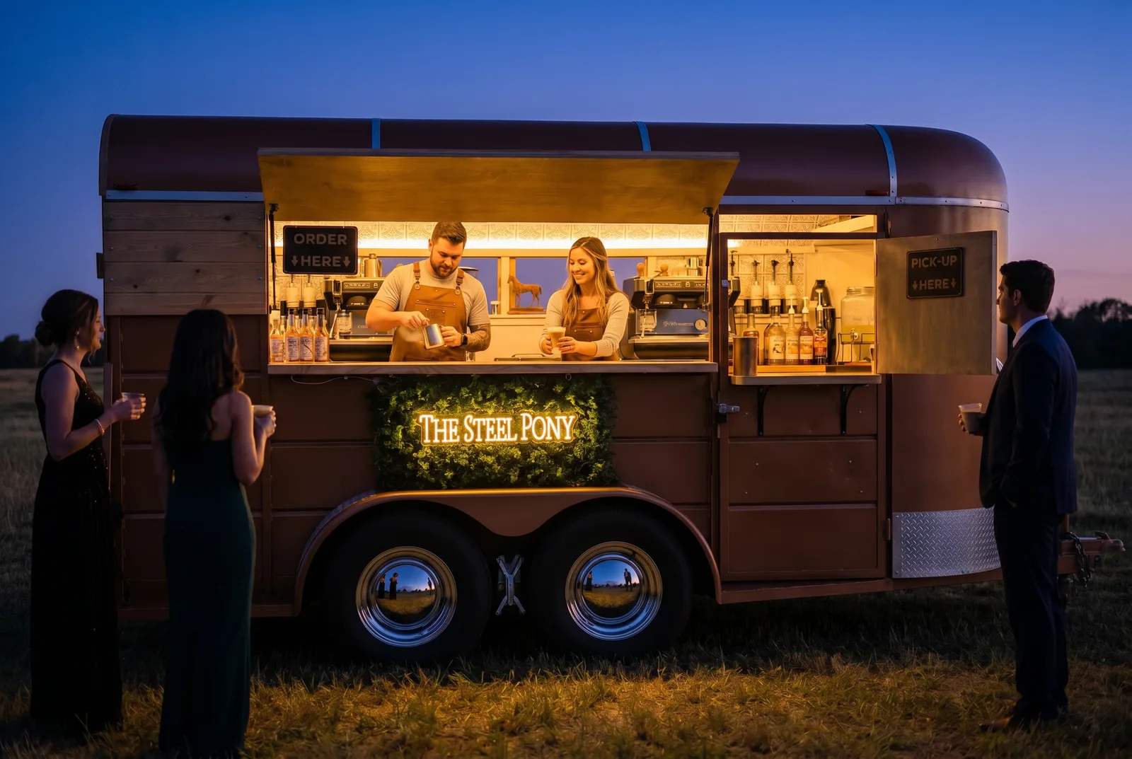 The trailer bar lit at dusk in an open field with guests holding drinks