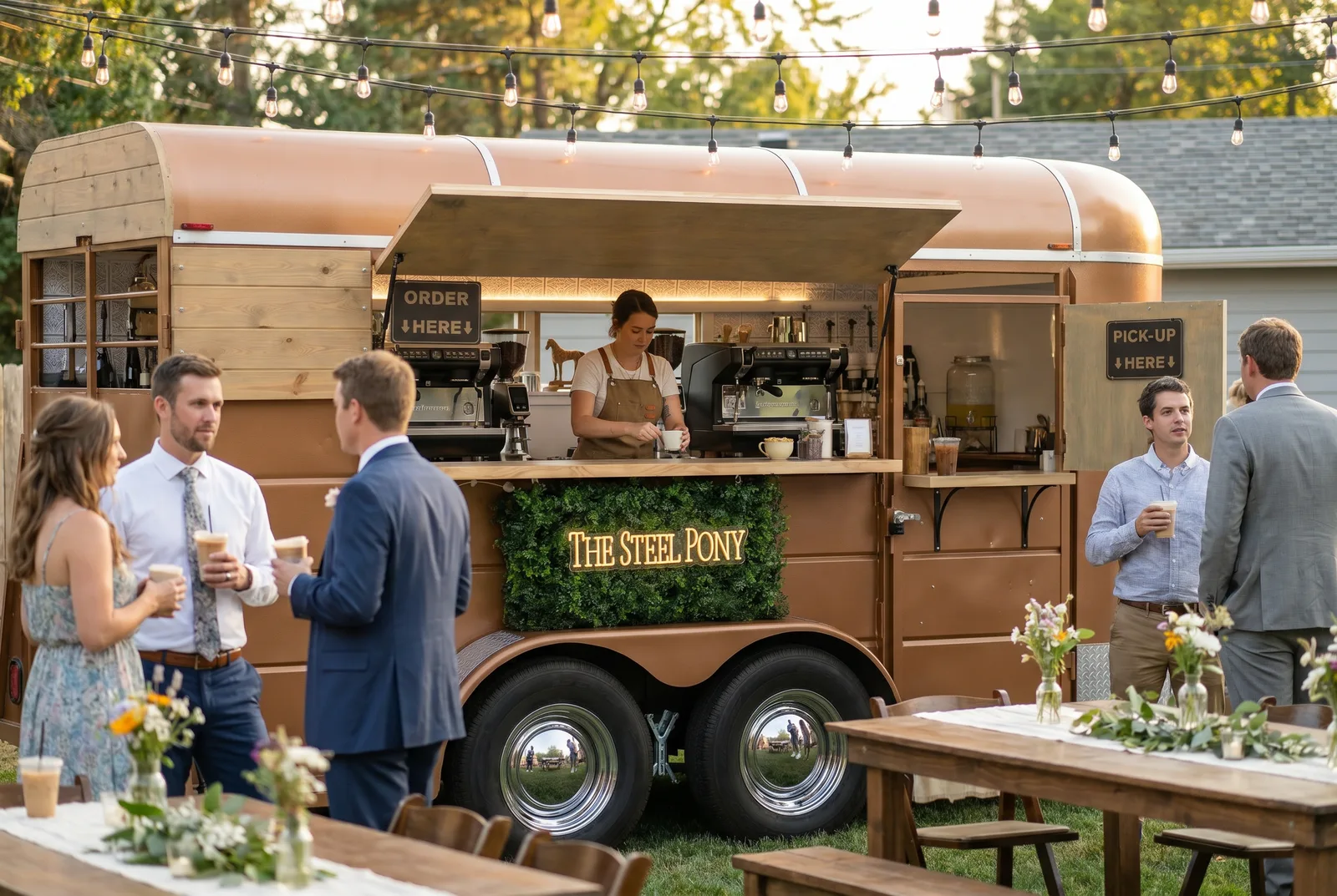 Guests with iced coffees at the trailer espresso bar in a backyard